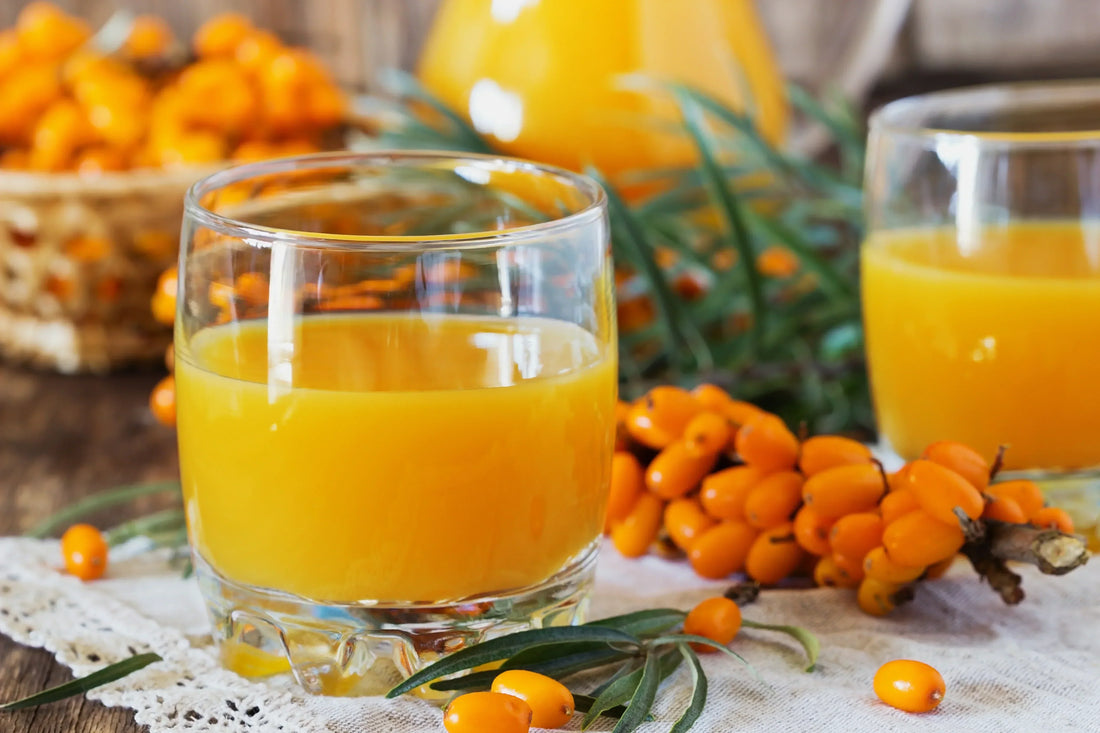 Fresh sea buckthorn juice served in glasses with bright orange berries - rich in vitamin C and traditional Himalayan wellness